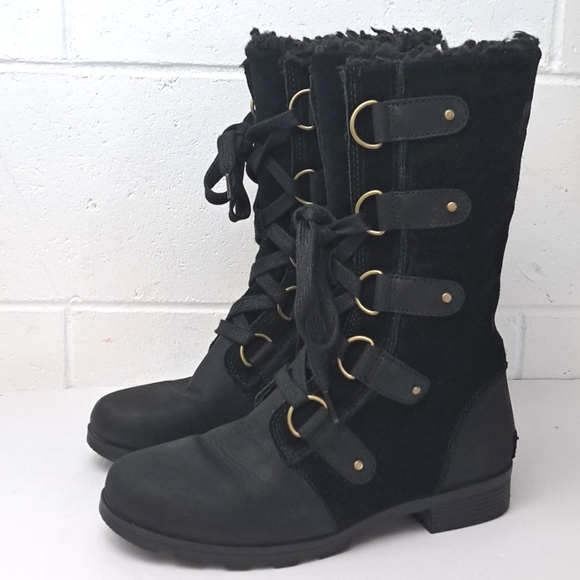 Sorel Shoes - Sorel Emilie Black Leather And Suede Tall Lace-Up Fleece Lined Winter Boots Sz9
